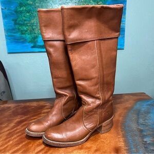Vintage Frye Leather Tall Brown Heeled Boots Made in USA Size 8 pull on 70s boho